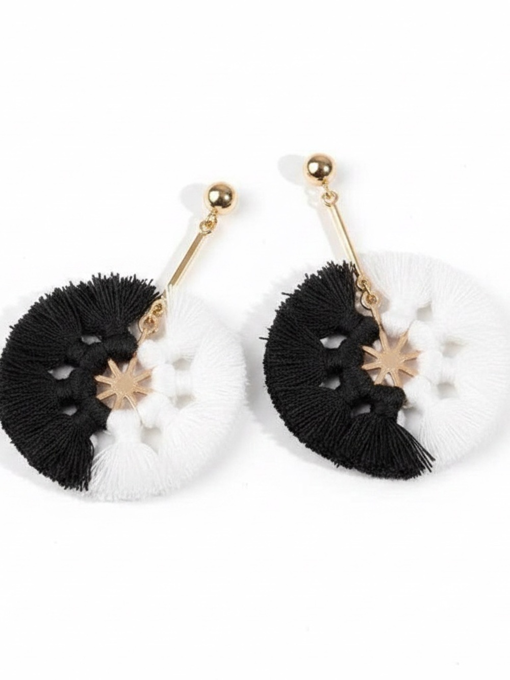 Womens Round Black‎ White Cotton Fringe Tassel Earrings